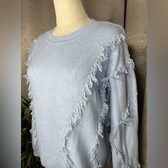 NEW 1. State Fringe Trim Detail Pullover Sweater Long Sleeve Cashmere Blue XS - Picture 7 of 12
